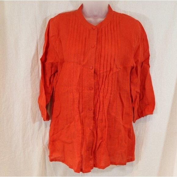 Tommy Bahama Small Orange Linen Blouse  3/4 Sleeve Pleated Button Up Top - Picture 2 of 12